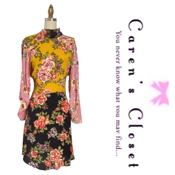 Zara Mixed Floral Long Sleeve Tie Neck Boho Chic Dress - Picture 5 of 12